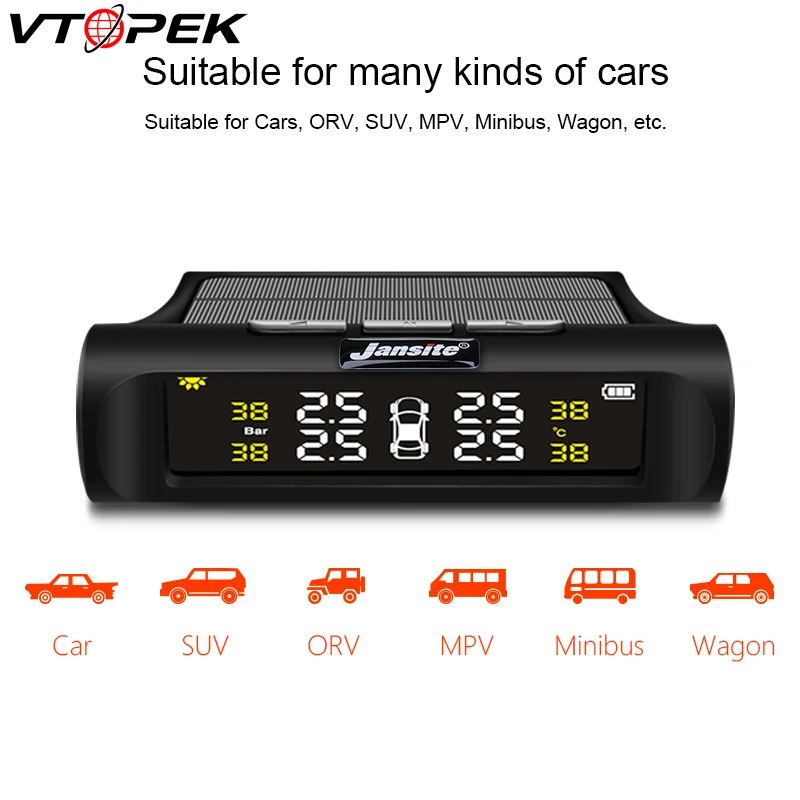 

USB or Solar Charging Car TPMS Tire Pressure Monitoring System HD Digital LCD Display Auto Temperature Alarm Wireless 4 Sensor