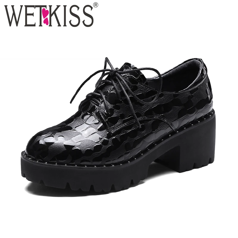 

WETKISS New High Heels Women Pumps Genuine Leather Rivet Lace Up Round Toe Platform Footwear Spring Fashion Casual Girl Shoes