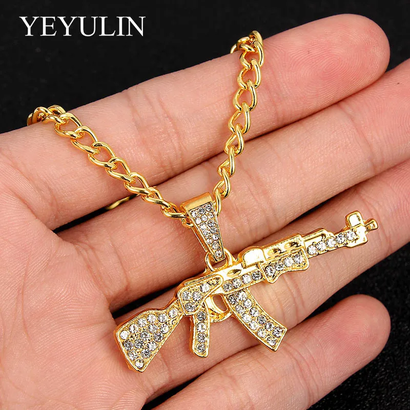 Блестящий Золотой сплав кристалл AK47 форма кулон Chram ожерелье хип хоп модные украшения подарок для мужчин Вечерние