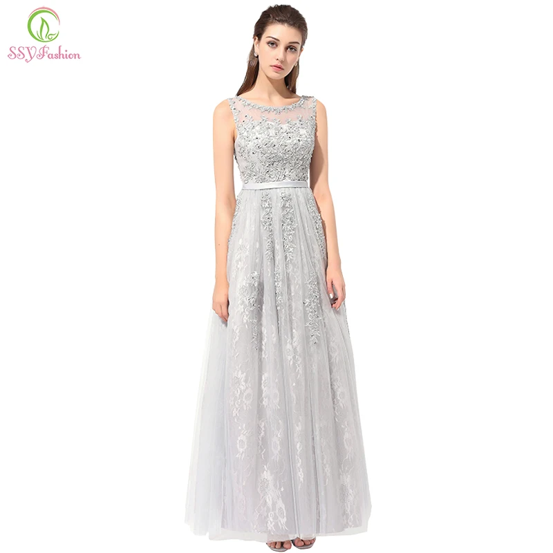 

Clearance Cheap Evening Dress The Bride Grey Elegant Embroidery Lace Sleeveless Floor-length Long Prom Dresses