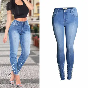 

Europe and the United States wind 2018 fashion jeans spring new jeans trousers Slim stretch beaded pants pants pencil pants