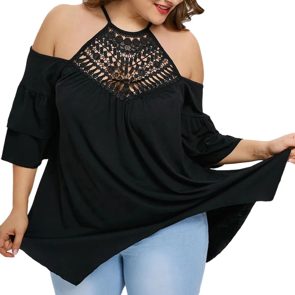 

Plus Size 4XL Womens Tops and Blouses Tunic Lace Half Sleeve Tops Halter Cold Shoulder Asymmetric Shirt Ladies Clothes