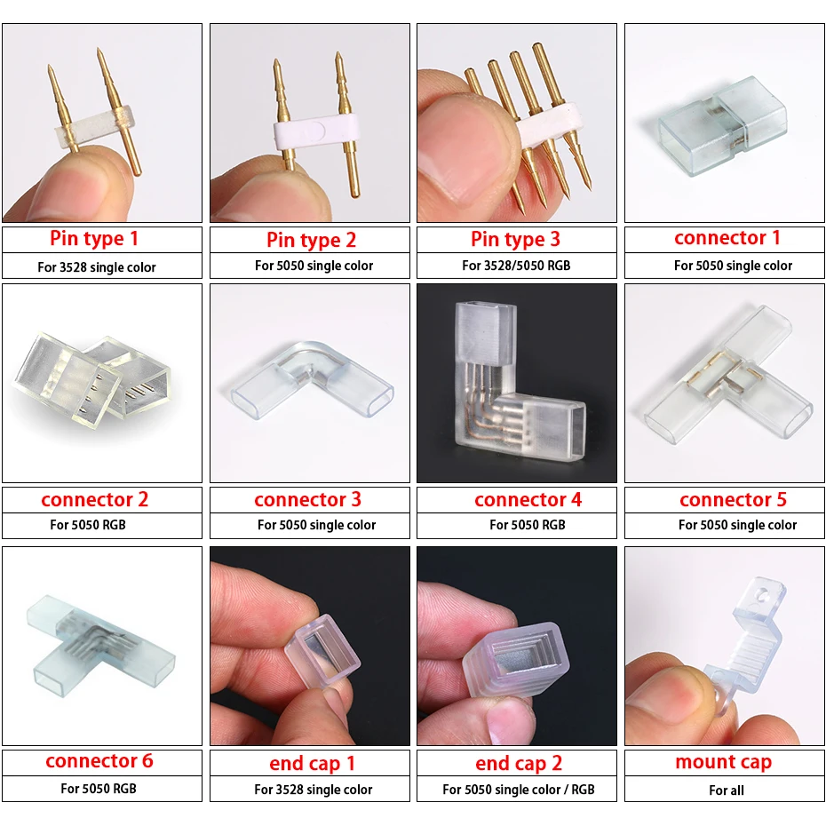 

For high voltage 110V 220V strip light, 2pin 4pin connect pin, connector between two light, end caps, L shape,T type, mount clip