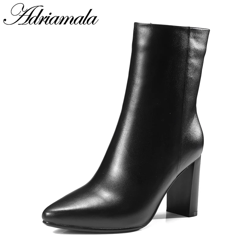 

2018 Genuine Leather Ladies High Heel Boots Mid-calf Zip Pointed Toe Round Heels Cow Leather Boots High Heel For Women Adriamala