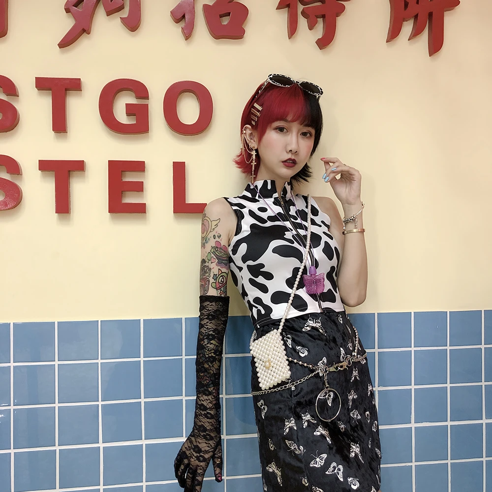 Harajuku Dairy корова стоячий воротник Ретро без рукавов Tiaodi девушка футболки