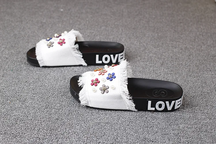 2016 New Korean Female Summer Sandals Casual Slippers Online Denim Daisy Pearl Ladies Comfort Footwear Cheap58