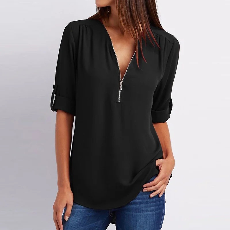 2019 Newly Hot Women Summer Chiffon Shirts V Neck Pullover Zipper Loose Long Sleeves Casual Tops MSK66