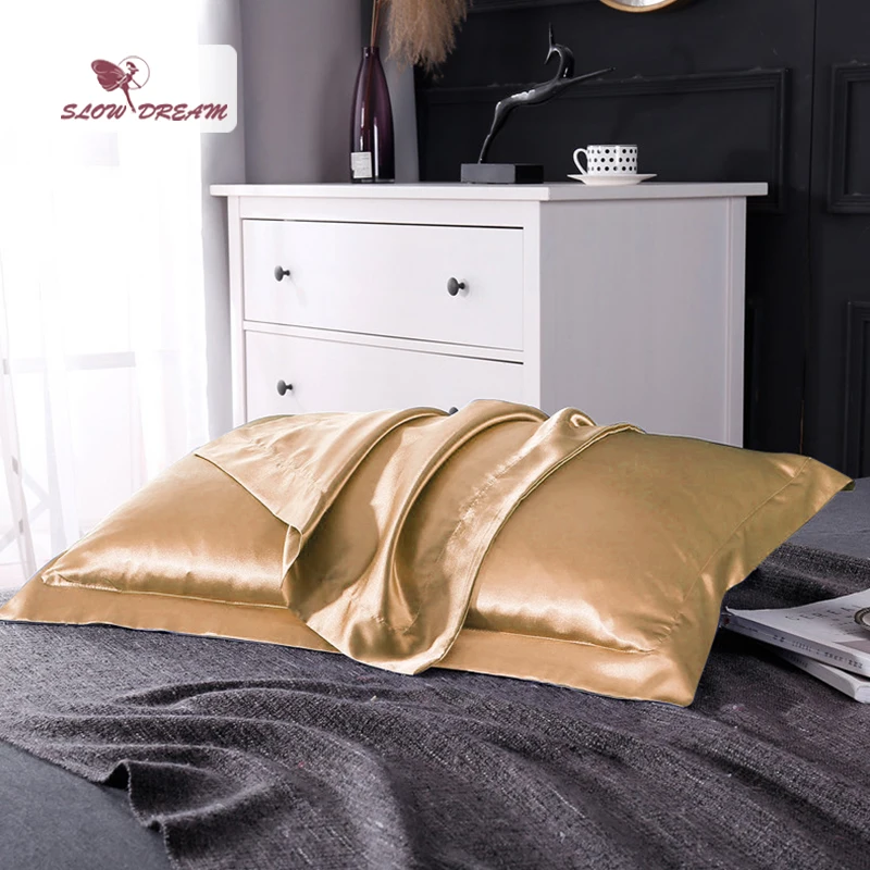 

SlowDream Luxury Camel 100% Nature Mulberry Satin Silk Pillowcase Wholesale Queen King 19 Color Silky Pillow Case For Women Men