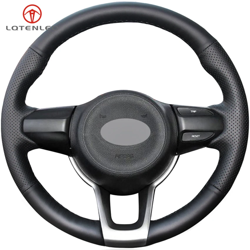 

LQTENLEO Black Genuine Leather Steering Wheel Cover For Kia K2 2016-2019 Rio 2016-2019 Picanto 2016-2019 Morning 2017-2019 Rio5
