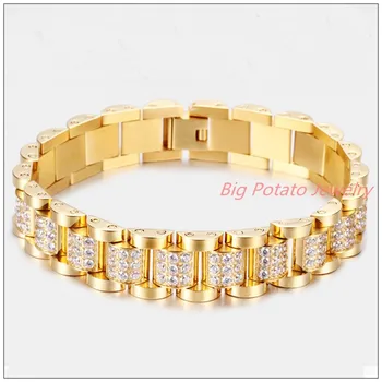 

7.67"*13mm 53g New Top CZ Stone Gift 316L Stainless Steel Gold Tone Link Chain Womens Girls Bracelet Bangle