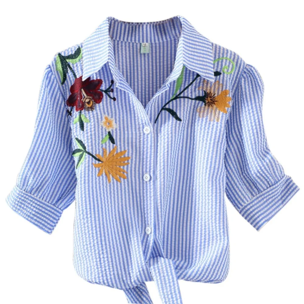 Вышивка в полоску с цветами Blusas Сексуальная женская блузка рубашка на шнуровке летние топы рубашки с отложным воротником дешевая одежда
