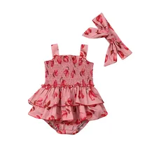 Комплекты одежды принцессы с цветочным рисунком для маленьких девочек летний Ромпер Для слинга без рукавов, пляжный костюм с каскадными оборками+ повязка на голову с бантом, 2 предмета, 0-24 мес
