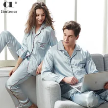 CherLemon, парные одинаковые одноцветные пижамы, женские атласные пуговицы для пижамы, длинные пижамные комплекты, мужские весенние классические шелковистые пижамы