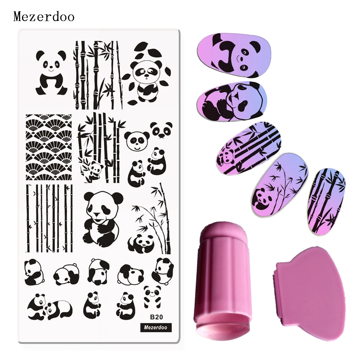 

Mezerdoo Cute Panda Flower Design Nail Art Stamp Plate Stamping Plate + Clear Jelly Stamper Scraper Set DIY Nail Art Stencils