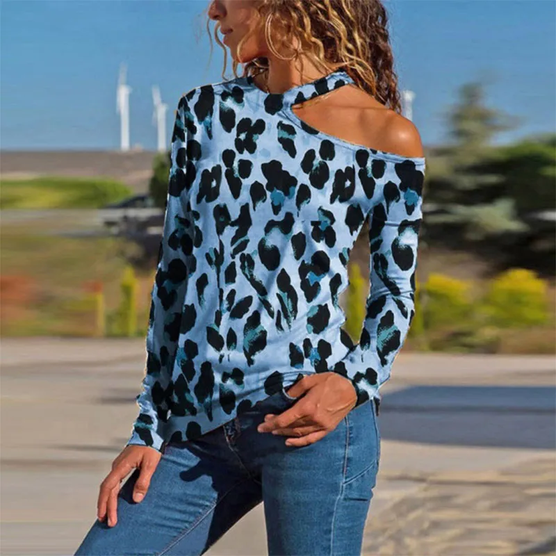 

Sexy One Shoulder Leopard Print Woman Blouse Casual Slim Long Sleeve Female Shirt Spring Autumn Fashion Plus Size Lady Tops