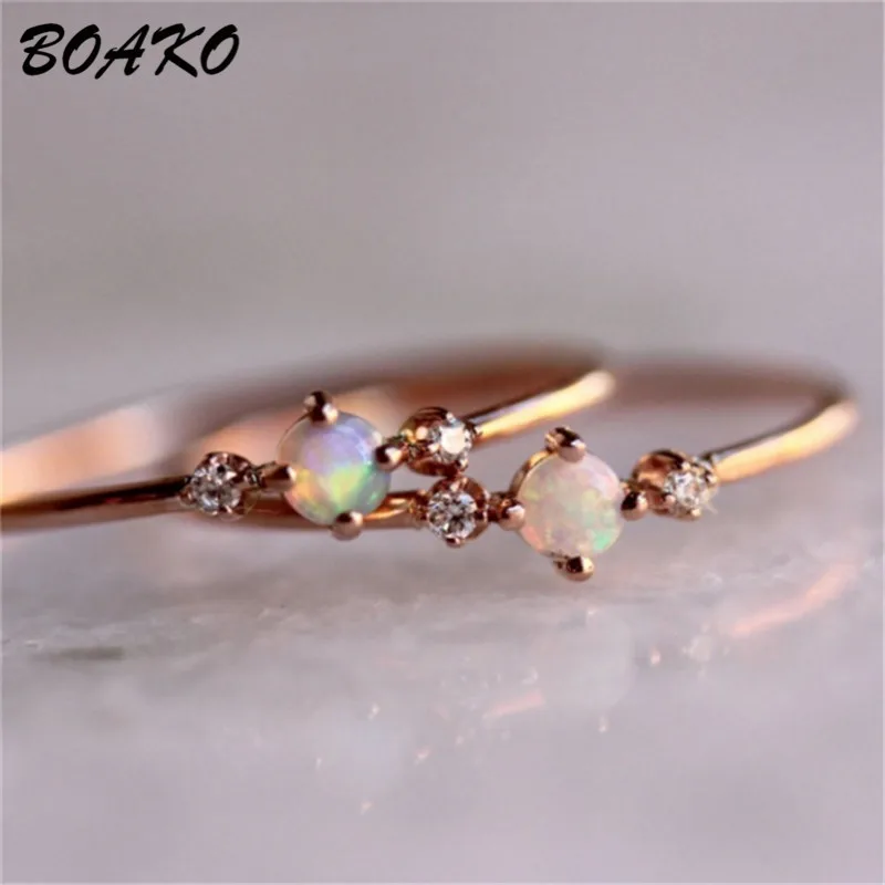 

BOAKO White Fire Opal Ring For Women Round Crystal Engagement Wedding Rings Dainty Thin Rose Gold Ring anillos mujer Jewelry