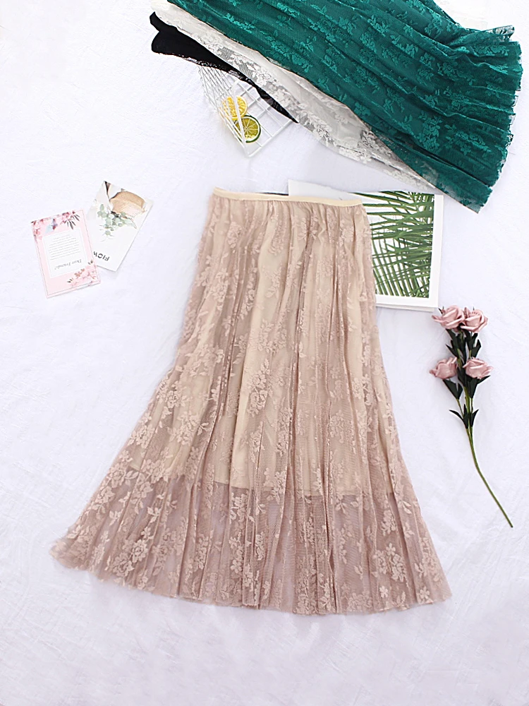 Цветочный Вышивка линии кружевное платье-пачка Юбка из сетчатой ткани Для женщин Тюль Длинные плиссированные Миди-юбки Высокая Талия Лето новое поступление