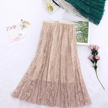 Цветочный Вышивка линии кружевное платье-пачка Юбка из сетчатой ткани Для женщин Тюль Длинные плиссированные Миди-юбки Высокая Талия Лето новое поступление