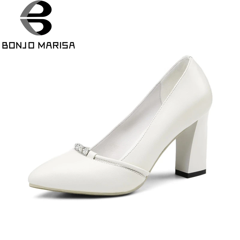 

BONJOMARISA 2018 Spring Autumn Elegant Women Genuine Leather Work Pumps Shallow High Heels Ol Shoes Woman Big Size 33-40