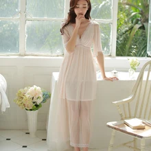 Short-sleeve sexy nightgown summer women’s vintage royal princess gauze lace long design sleepwear full dress