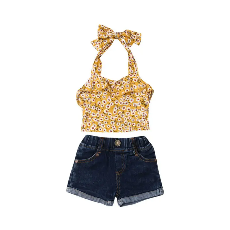 

2019 Fashion Kids Baby Girls Clothes Sets Floral Halter Tops+Denim Shorts 2Pcs Flowers Vest+Button Shorts Child Girl Outfit 0-6Y