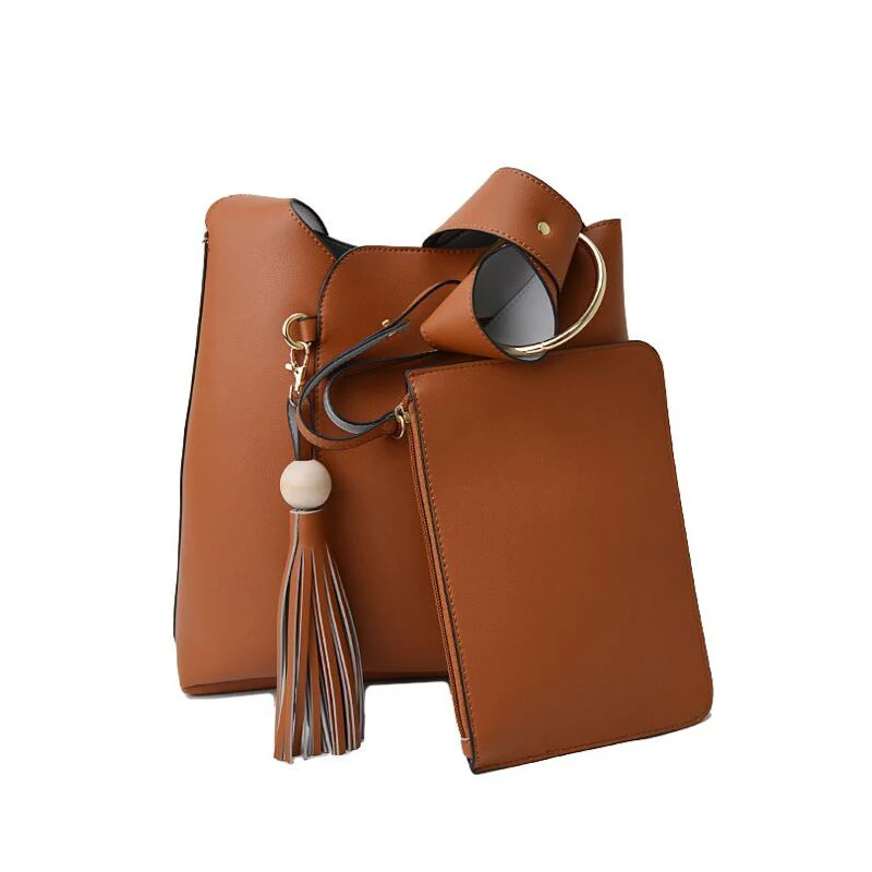 High Quality PU Bucket Bag Women 2017 Tassel Leather Handbags Lady Purse Brown Shoulder Bag Casual Fashion Designer Woman Bag