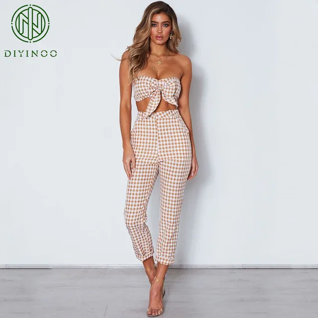 Best Offers DIYINOO 2018 Spring Summer Fashion Casual Plaid Two-Piece Suit Slash Neck Tops and Full Length Trousers Women's Suits and Sets Best Offers DIYINOO 2018 Spring Summer Fashion Casual Plaid Two-Piece Suit Slash Neck Tops and Full Length Trousers Women's Suits and Sets