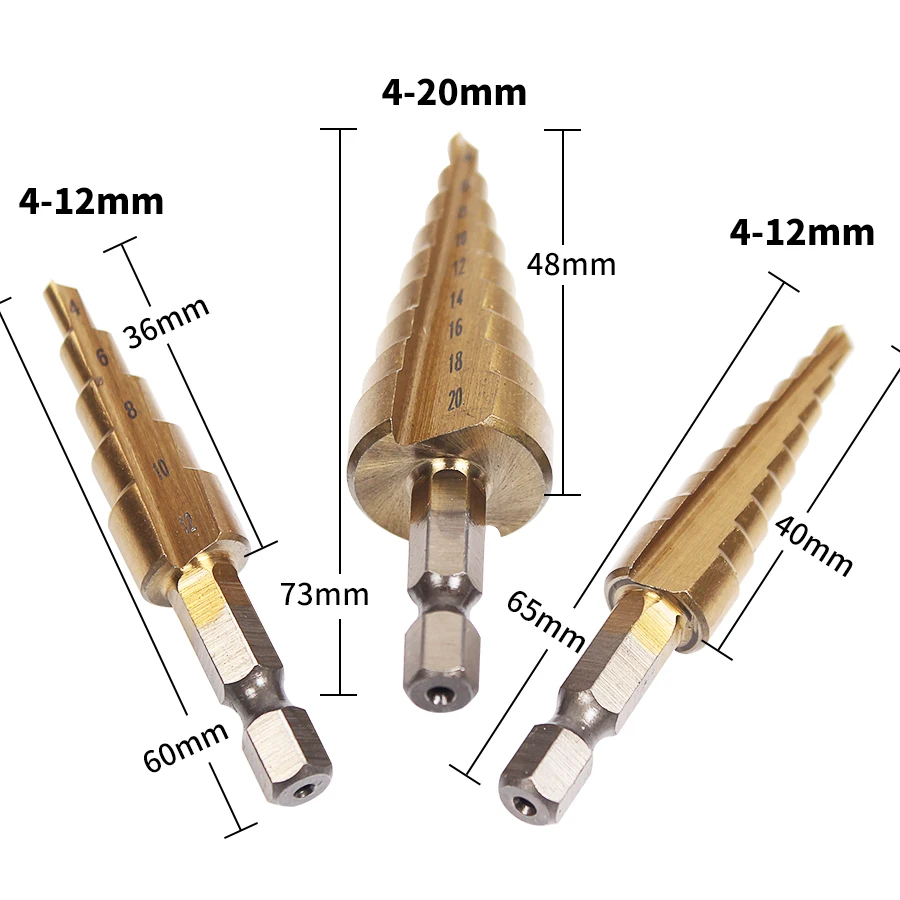

Hand tool Professional HSS Steel Large Step Cone Titanium Coated Metal Drill Bit Cut Tool Set Hole Cutter 3pcs/lot