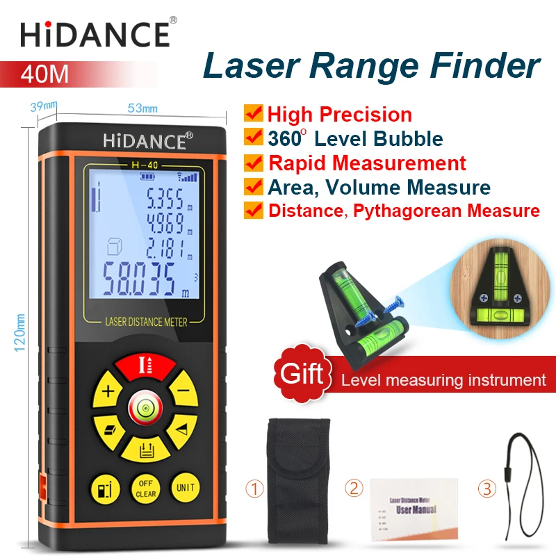 

HiDANCE 40M Digital laser range finder handheld distance 131ft meter Area-volume-Angle ruler build tape Measure Roulette Tool