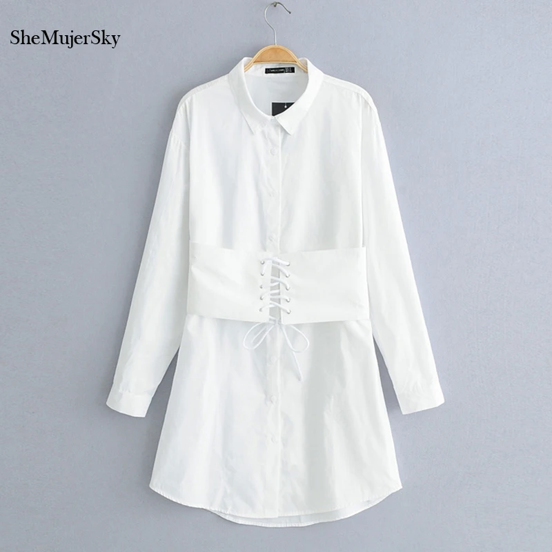 

SheMujerSky Women White Shirt Dress Bandage Waist Long Sleeve Turn-down Collar Mini Dress 2019 vestido blanco