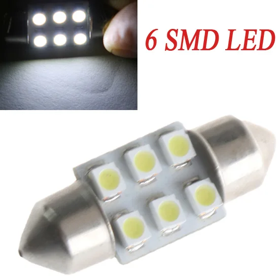 2Pcs/lot SMD 1210 31mm 6 LED Car Interior Dome Light Festoon White Bulb