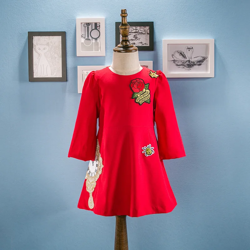 

Children's Dress 2017 Spring Dresses New Baby Girl Dress Long-sleeved Three-dimensional Patch Embroidery Red Wedding Flower Kids