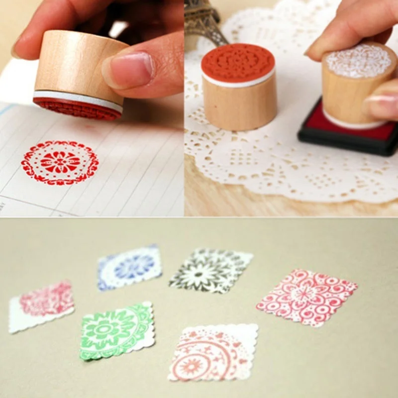 

Hot Selling Brand New Vogue Style 6 Patterns Round Wooden Rubber Retro Floral Pattern Stamper Portable Practical Stamper