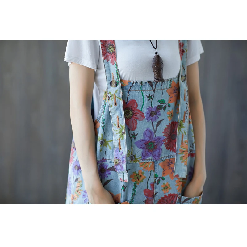 THE NLMU 2018 Loose Floral Print Denim Overalls Women Autumn Casual Plus Size Flower Pattern Ankle-Length Pants for Girl JH58 Pants
