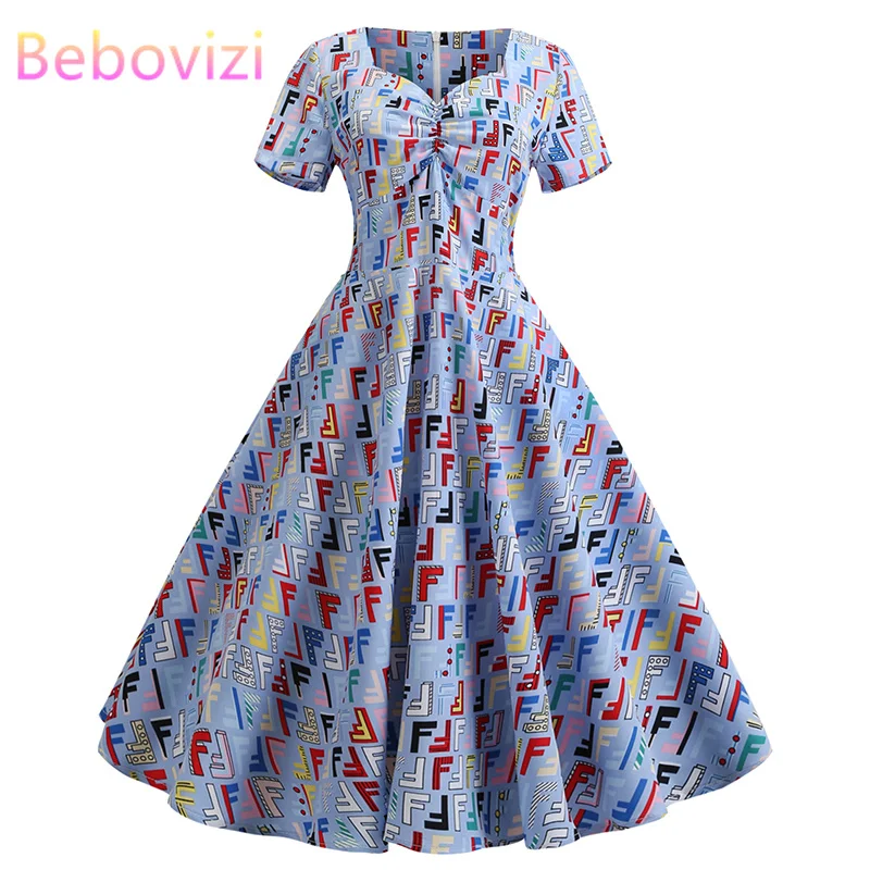 

Bebovizi 2019 Summer Fashion Women Plus Size Casual Office Elegant Bandage Dress A-Line Alphabet Print Sexy Vintage Dresses