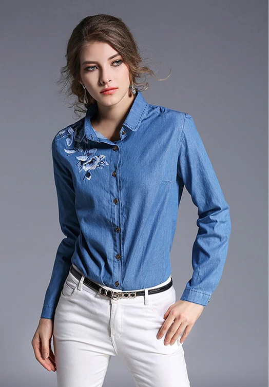 jean blouse Women embroidered denim blouse flower vintage wash denim shirt women jeans shirt tops clothes femme denim blouses