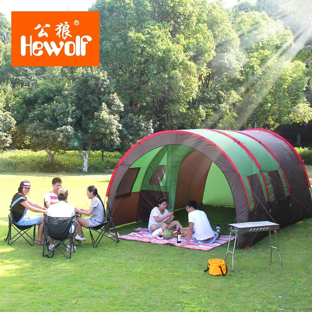 Cheap Brand YUETOR 480*310*210cm canvas fiberglass large double layer tunnel tent camping 8 people family party tent
