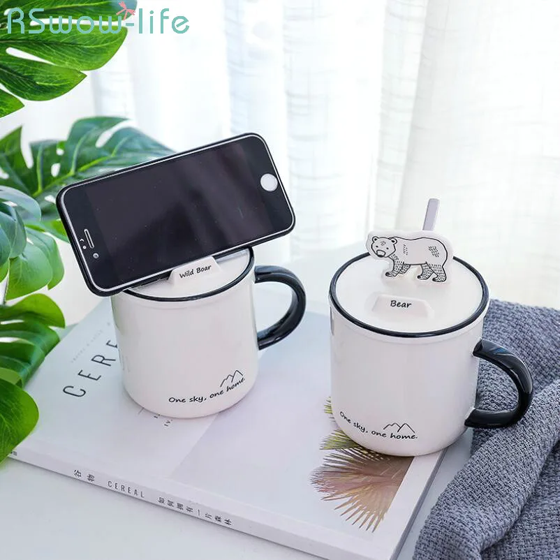 

Forest Animal Mobile Phone Holder Cover Ceramic Cup Creative Lid with Spoon Mug Office Student Water Cup Creative Gift