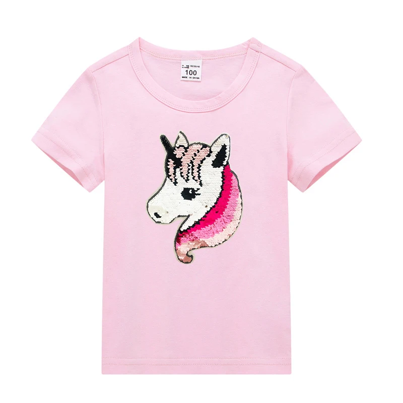 pink Вечерние топы с единорогом для маленьких девочек, летние футболки с короткими рукавами для девочек, Повседневная футболка, одежда для малышей 3, 4, 5, 6, 7, 8 лет - Цвет: pink