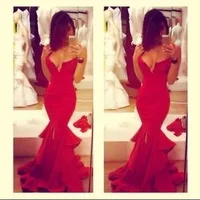 Custom Made Tank Pleated Ruffle Tiered Mermaid Long Red Evening Dresses 2015 New Arrival Sexy Prom Gowns Dresses
