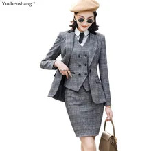 Модный жилет, блейзер и юбка, комплект из 3 предметов, Женский костюм с полосатой юбкой высокого качества,, рабочая одежда, полный рукав, женские костюмы