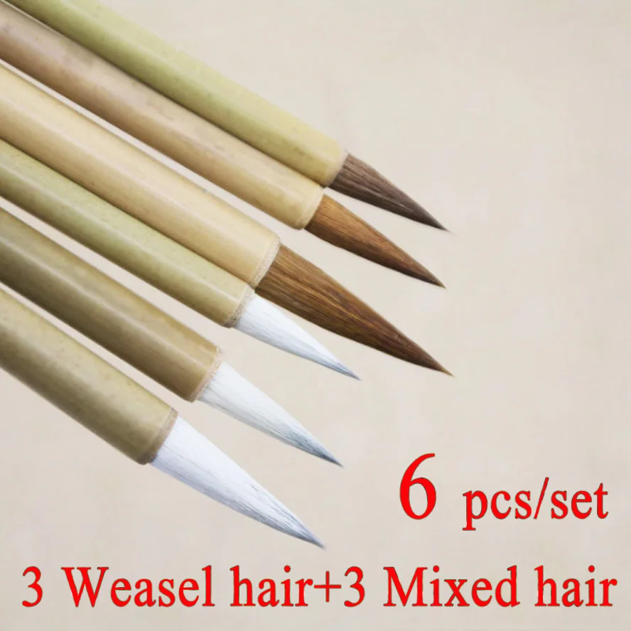 6 pcs/set Weasel hair calligraphy brush Pen Small regualr script bamboo penholder art painting supplies