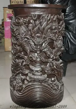 

Chinese Rosewood Hand-Carved 5 Dragon Play Bead Lucky brush pot pencil vase Jar