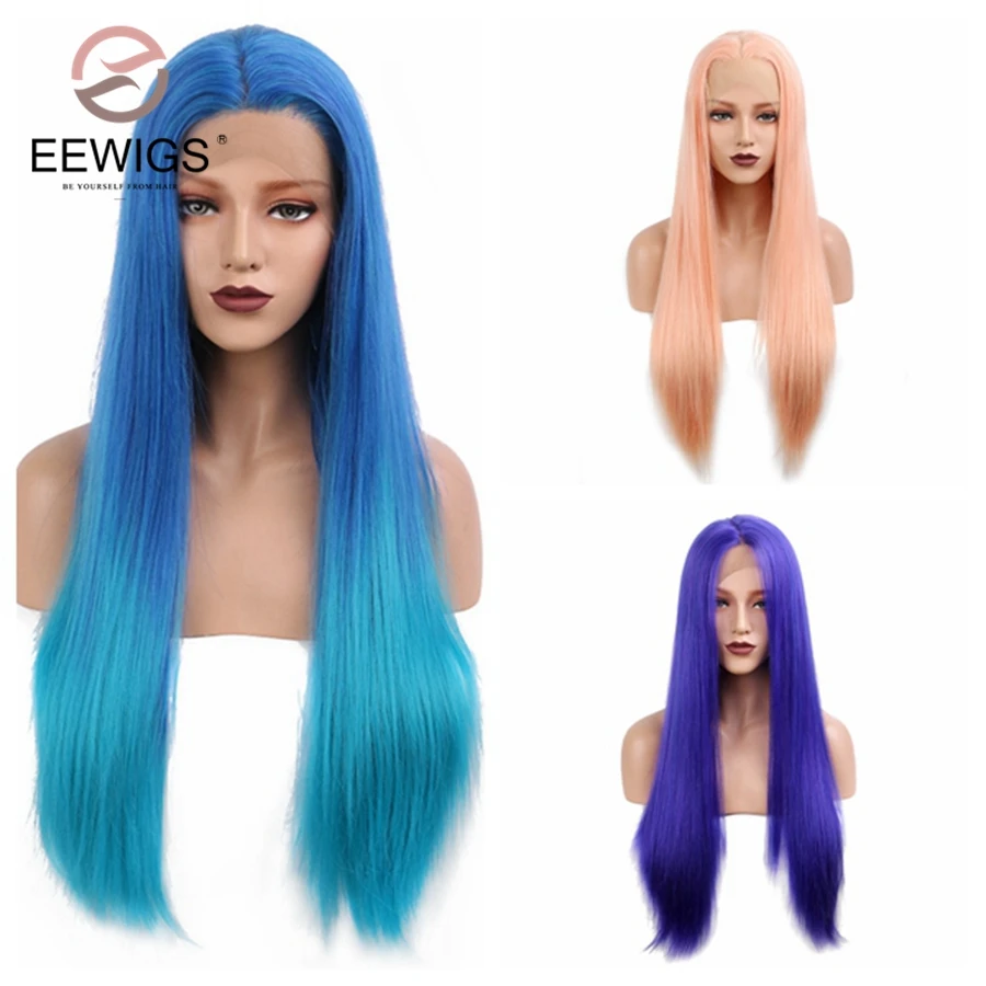 EEWIGS 2" Синтетические парики на кружеве Glueless персиковый розовый голубой цвет длинные прямые термостойкие парик королевы для черных женщин