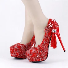 Handmade High Heeled Red Lace Wedding Shoes new Style Formal Shoes Satin Cheongsam Dress Shoes Women Party Pumps Tassel