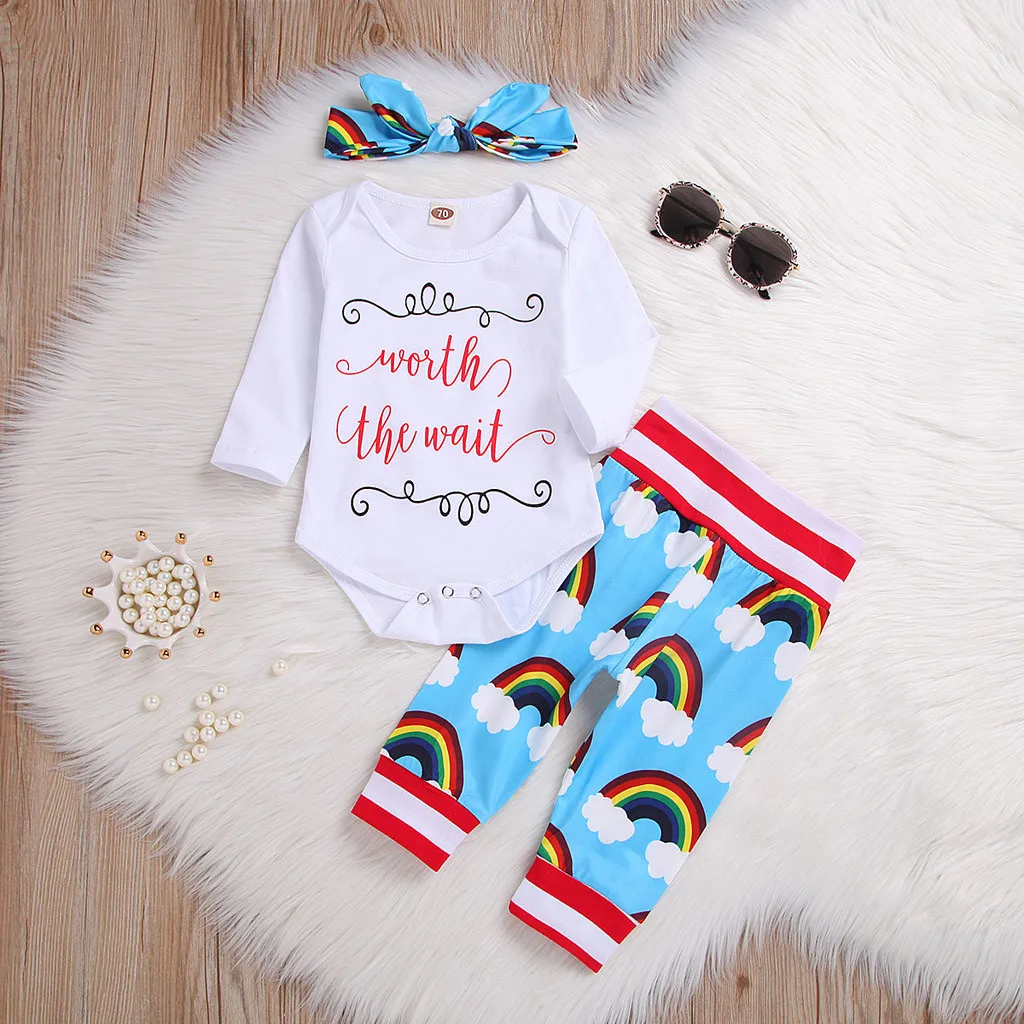 

Newborn Infant Baby Girl Boy Rainbow Letter Romper Tops Pants Set Outfit Clothes girls outside wear sports suit clothing sets