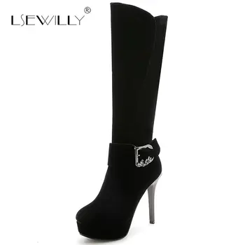 

Lsewilly High Quality Flock Knee High Boots Women Buckle Knight Shoes Woman High Heel Zipper Short Plush Winter Footwear S902