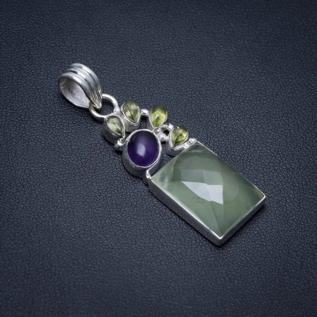 

Natural Prehnite,Amethyst and Peridot Punk Style 925 Sterling Silver Pendant 2" S1186
