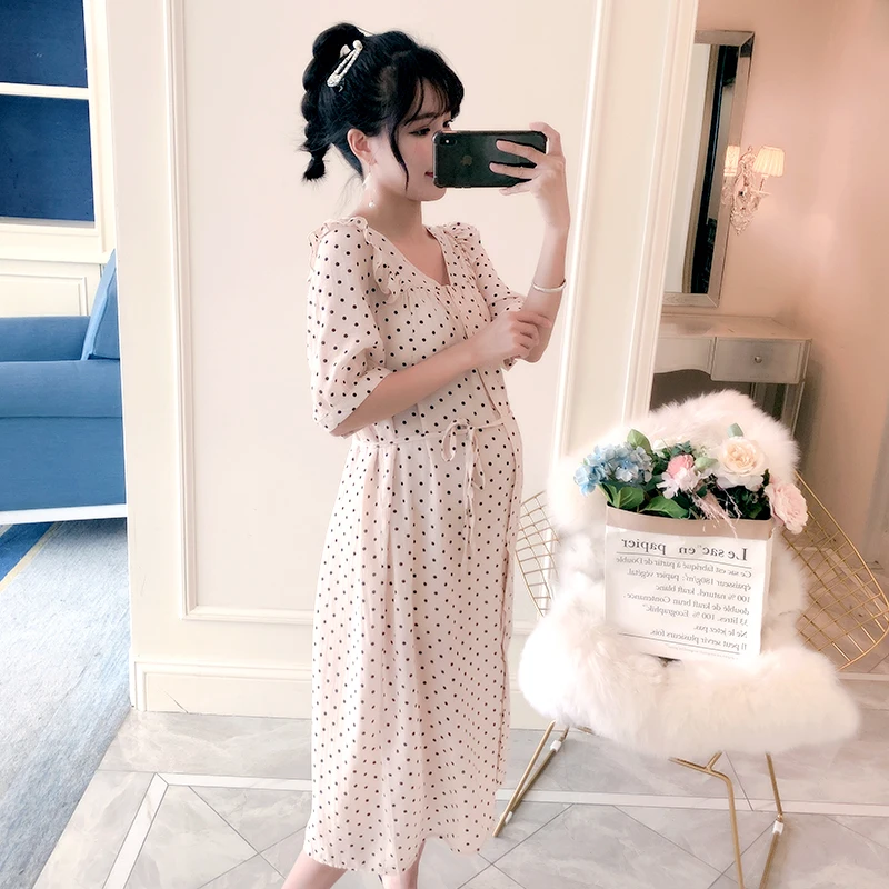

8810# Sweet V Neck Ties Waist Slim Maternity Long Dress Dot Printed Chiffon Loose Clothes for Pregnant Women Summer Pregnancy