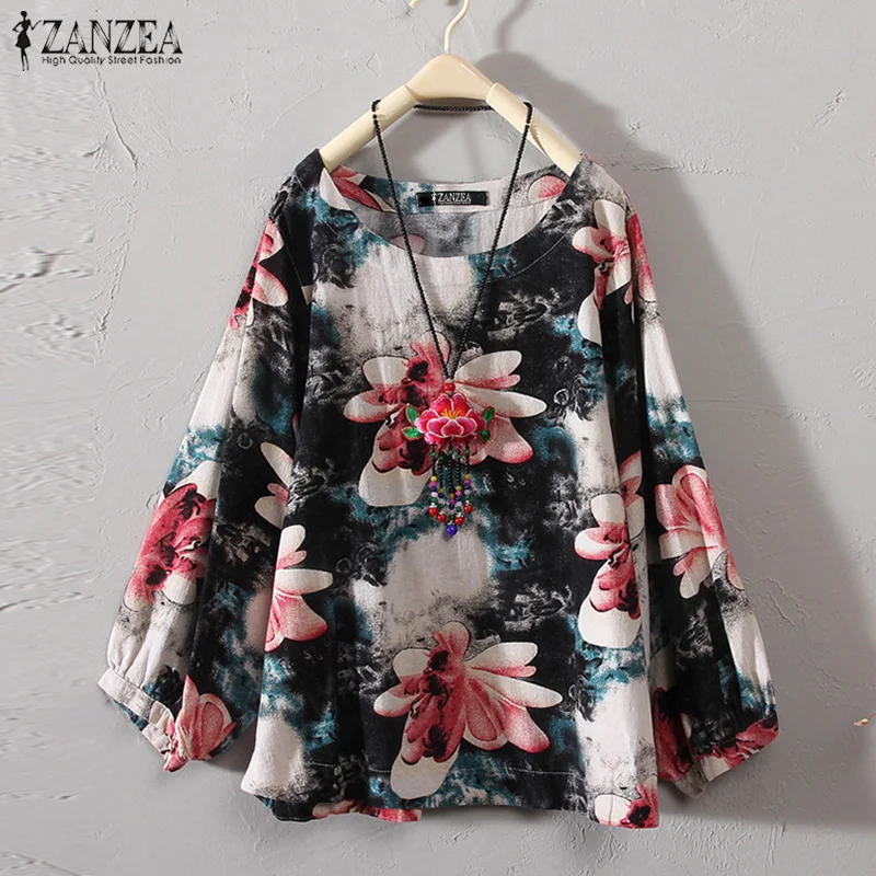 Goede ZANZEA 2019 Herfst Linnen Blouse Plus Size Vrouwen Bloemen Gedrukt Shirt Chemise Vrouwelijke Werk Blusa Dames Casual Blusas Feminina Top